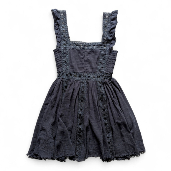 Free People Verona Black Mini Raw Hem Dress S Boho Lace Cottagecore Favorite - Picture 6 of 16